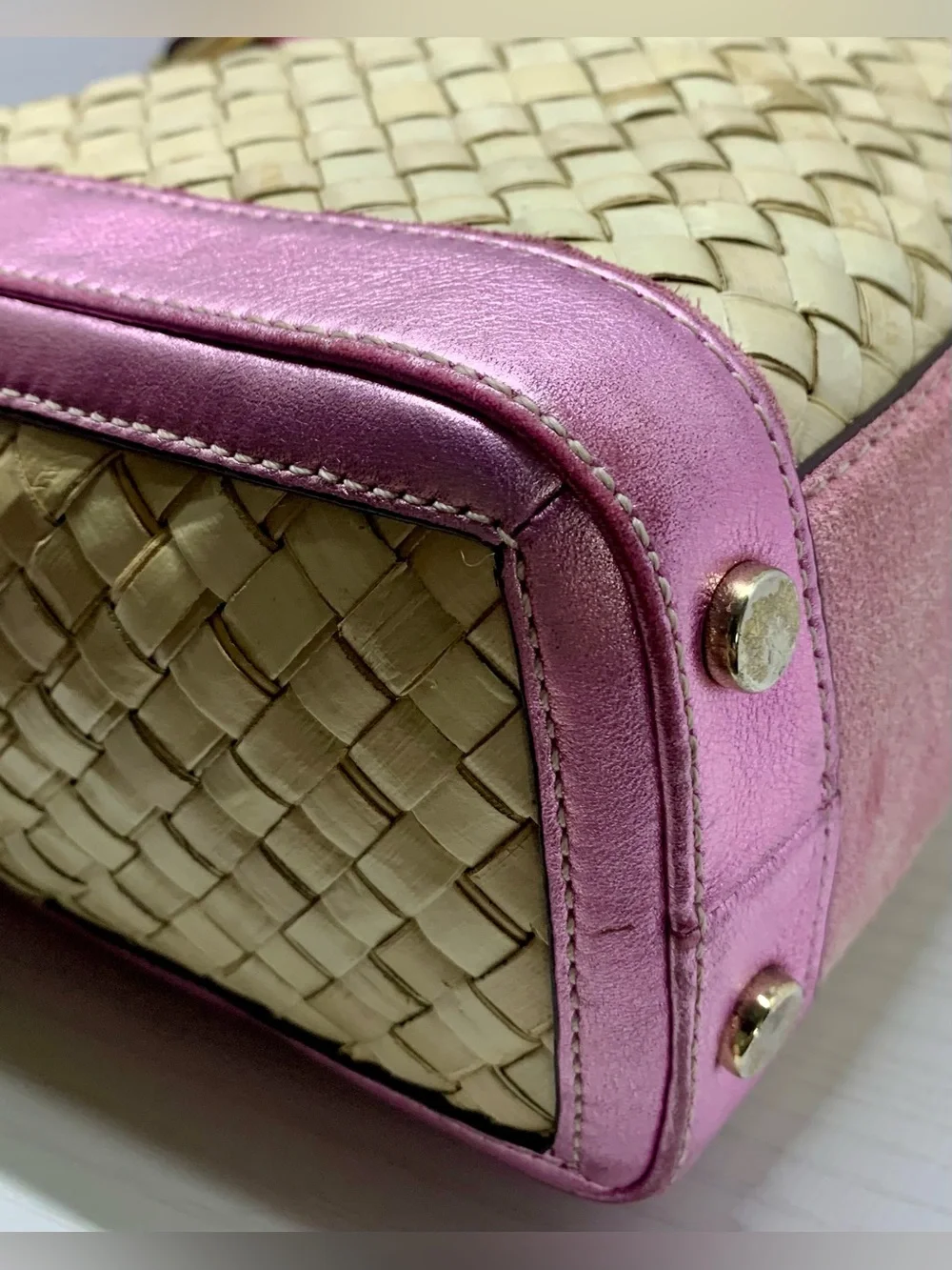 Coach Vintage 2004 Hamptons Pink Metallic Leather, Suede & Straw Tote,
